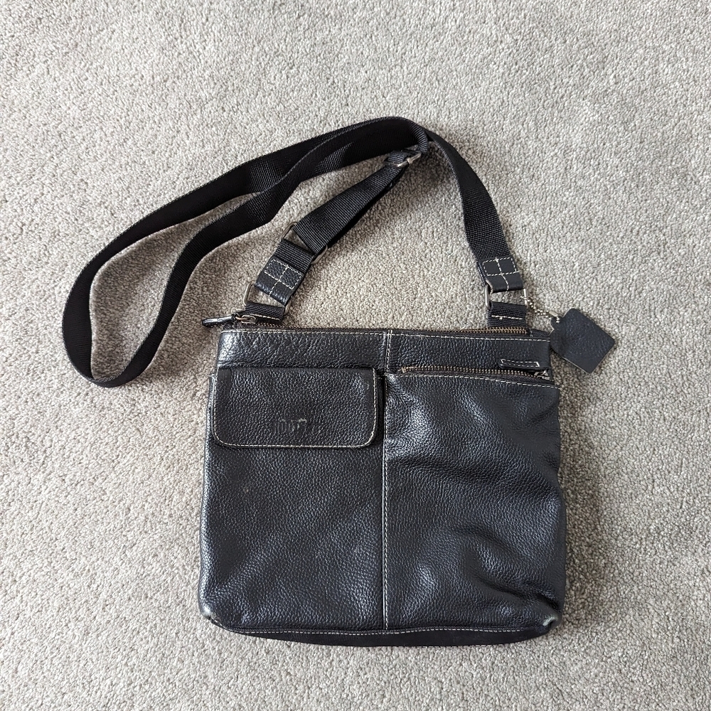 Roots 73 Black Pebbled Leather Crossbody Messenger Bag